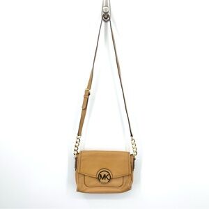 Michael Kors Women Small Purse Crossbody Bag Brown Leather Gold Margo Flap Close